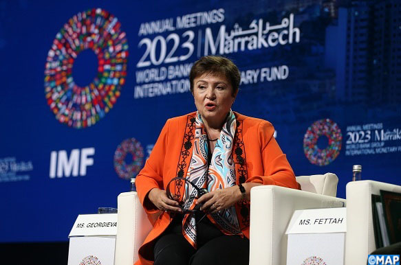 La Directrice Générale du FMI, Kristalina Georgieva, s’exprime à l’occasion de la présentation du livre "Le Maroc en quête d’une croissance plus forte et plus inclusive", élaboré par le Fonds Monétaire International (FMI), dans le cadre des travaux des Assemblées annuelles du FMI et de la Banque mondiale (BM). 09102023 - Marrakech